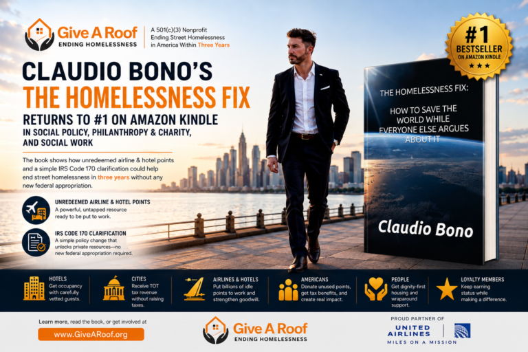 Claudio Bonoâs The Homelessness Fix Book Returns to #1 on Amazon Kindle in Social Policy, Philanthropy & Charity, and Social Work, highlighting a Three-Year Blueprint to End Street Homelessness